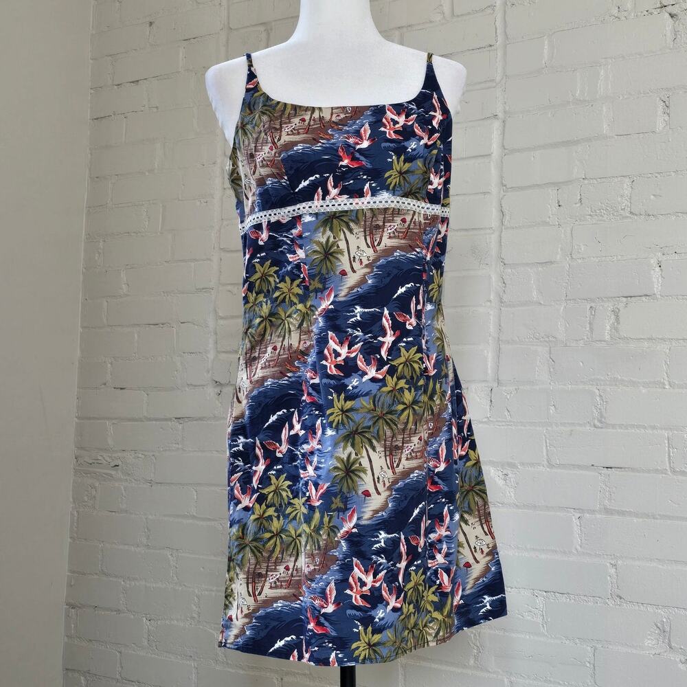 Vintage Y2K No Boundaries Tropical Palm Tree Mini Dress Indigo Blue Junior 11/13